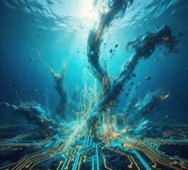 Digital circuitry bursts upwards from the seabed, entwined with organic formations
