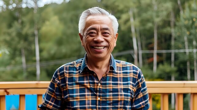 Cheerful senior Asian man in plaid shirt smiling outdoors on wooden deck, expressing joy and vitality against natural green background. Perfect for wellness and aging concepts. - Powered by Adobe
