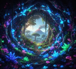 Dreamy cave passage with glowing flora leading to an exotic landscape & volcano