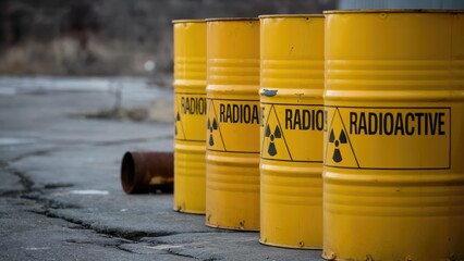 Radioactive waste barrels in secure storage facility show environmental contamination risks and industrial hazards