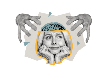 Composite photo collage of dissatisfied old woman cut head brain organ hand control mind brainwash fake isolated on painted background