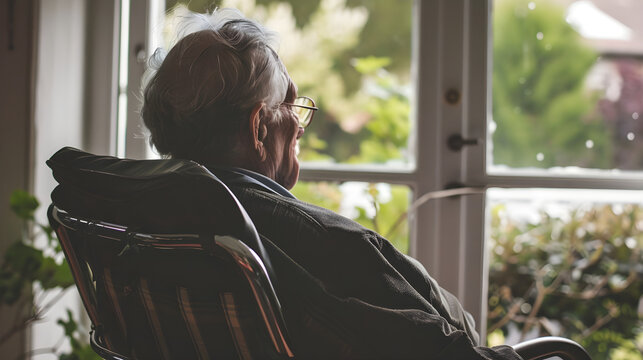 Elderly man sitting in front of the window in a wheelchair in a nursing home. Lonely old age concept - Powered by Adobe