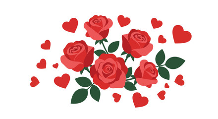 A beautiful arrangement of red roses and hearts on a white background