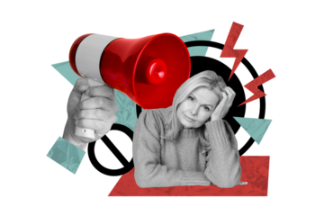 Composite photo collage of upset blonde girl headache bullhorn loud scam propaganda voice news spread isolated on painted background