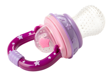 Purple and pink baby food feeder isolated on transparent background, ready for a healthy snack