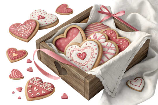Heart shaped cookies in a wooden box isolated on transparent background