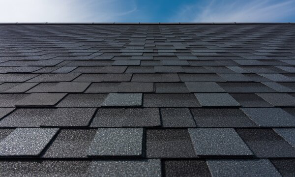 Low-angle view of a multi-toned, textured shingle roof against a blue sky