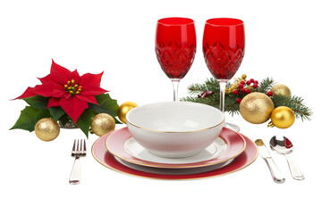 Festive christmas table setting with red and gold decorations isolated on transparent background