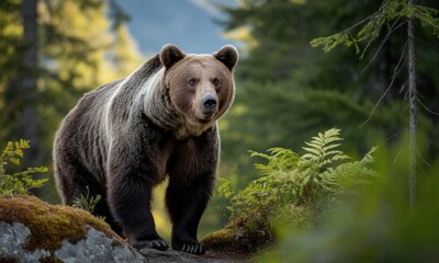Obraz premium Majestic brown bear stands on mossy rocks in a lush green forest, looking directly at the viewer