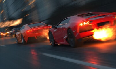 Fototapeta premium Fiery Race - Two Red Sports Cars Speeding Through City Streets at Night.