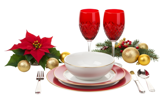 Festive christmas table setting with red and gold decorations isolated on transparent background