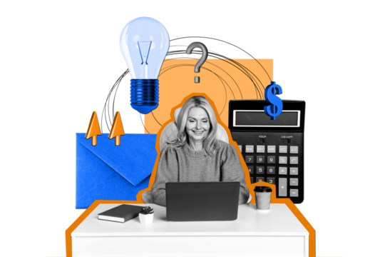 Composite artwork collage of office manager multitask young lady work laptop idea bulb ask question usd sign email cog count email