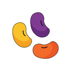 Flat illustration of colorful jelly beans candy in yellow, purple, and orange colors isolated on white background