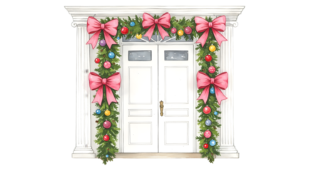 Watercolor illustration of a doorway decorated with christmas garland and pink bows isolated on transparent background