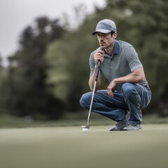 Golfer concentrating while putting on green course during outdoor game in daylight