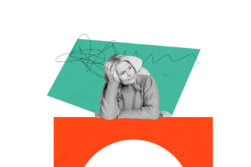 Creative collage image mature woman sit depressed bored burnout overthink drawing doodles anxiety employee boss office worker