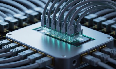 Network switch with connected cables and glowing ports, digital data transfer concept