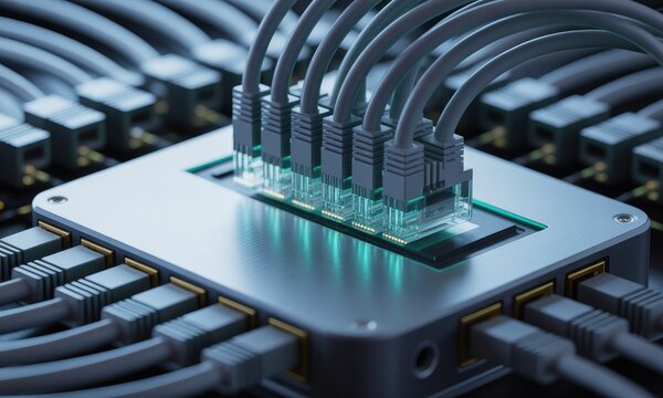 Network switch with connected cables and glowing ports, digital data transfer concept