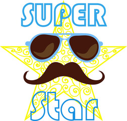 Funny character Super Star with sun glasses and mustache on transparent background