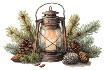 Watercolor painting of a lantern with pine cones and branches isolated on transparent background