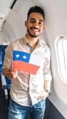 Smiling Man on Airplane Holding Chilean Flag by Window