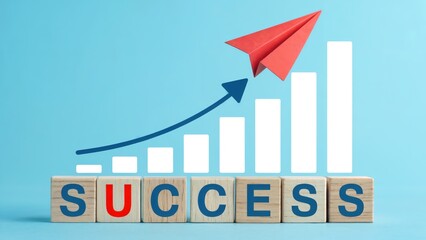 Soaring to new heights of success with a red paper airplane and growing graph, a vivid symbol of achievement