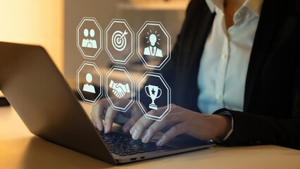 Team success strategy shown using technology on laptop for modern business growth and collaborative goals