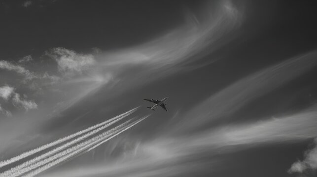 Medium shot of an airplane drawing sweeping skywriting designs with the crisp smoke letters standing out against the gently defocused clouds.