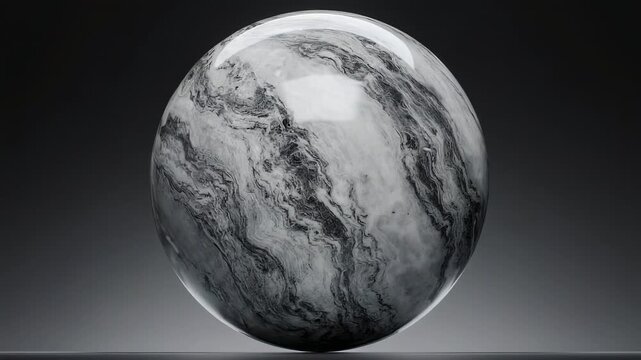 A polished sphere of marble-like material against a graduated gray background
