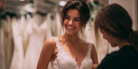 Bridal gown fitting, smiling bride, wedding dress boutique, joyful moment, elegant attire, bridal shop experience, trying dress