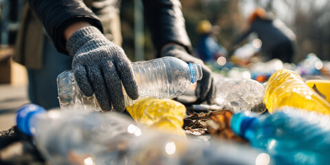 Collecting plastic bottles and debris, hands engaged in environmental cleanup, promoting sustainability and awareness