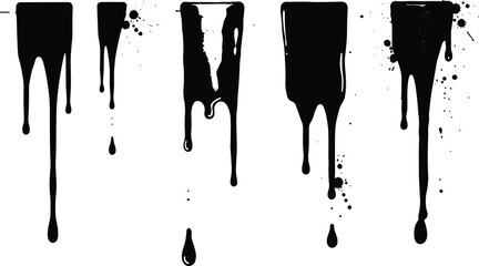 Dripping paint texture set, black ink splatter elements, abstract liquid shapes, grunge design assets, isolated on white background, vector illustration