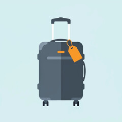 Flat vector illustration of a dark grey rolling suitcase with an orange luggage tag on a light blue background.