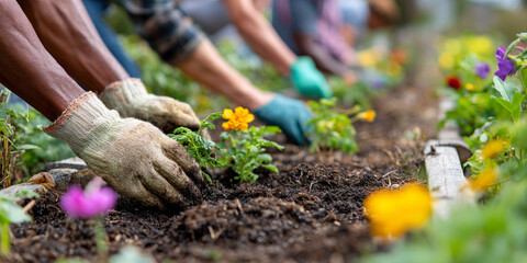 Fototapeta premium Group of volunteers planting flowers and vegetables in garden, showcasing teamwork and community spirit