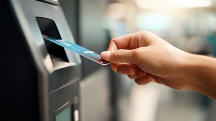 Focused image of a hand inserting a card into a selfservice checkout machine showcasing seamless card payment technology with blurred background.