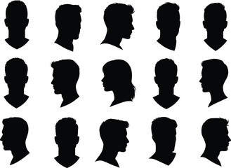 Human head silhouette collection, diverse profile views, black vector illustration, hairstyle variation, male and female heads, minimal design, identity concept, editable template