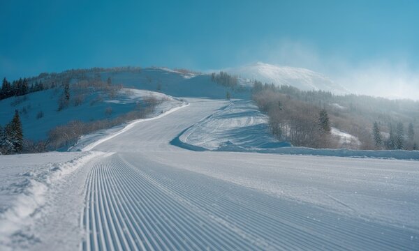 Pristine ski slope with groomed snow ascends toward a snow-capped mountain under a clear sky