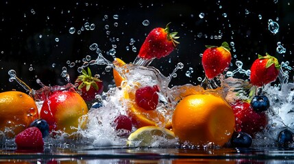 vibrant medley of fruits burst of water droplets creating a visually stunning effect