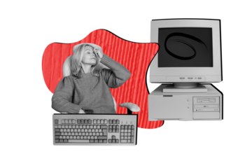 Composite photo collage of old blonde woman overworked computer monitor keyboard tool display digital device isolated on painted background