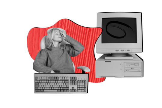 Composite photo collage of old blonde woman overworked computer monitor keyboard tool display digital device isolated on painted background