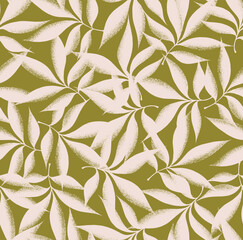 Abstract hand-drawn floral contemporary botanical leaf shapes seamless pattern with spray texture.