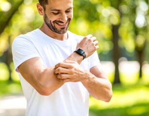 Smiling Man Outdoors Itching Arm with Smartwatch