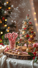 Festive Christmas scene with decorated mini tree, candy canes in a glass, and sweet treats on a wooden table with warm lights.