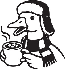winter goose wearing santa hat and scarf with hot cocoa