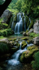 Naklejka premium Waterfall cascading over mossy rocks in forest