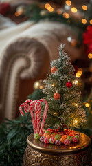 A small decorated Christmas tree with candy canes and colorful sweets glowing under warm festive lights.