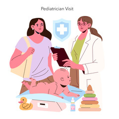 Pediatrician Visit with Baby on Scale Vector Illustration