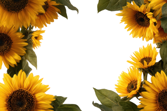 Vibrant Yellow Sunflowers with Green Leaves Forming Frame on Black Background