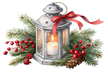 Watercolor painting of a christmas lantern with pine branches isolated on transparent background