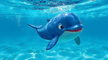 Playful Dolphin's Underwater Dance: A cheerful cartoon dolphin glides gracefully through the shimmering, inviting depths of the clear ocean, its bright smile and playful eyes captivating the viewer.